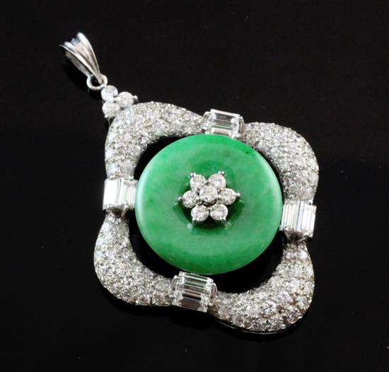 A Chinese 14K white gold, jadeite and diamond openwork pendant, 1.75in.